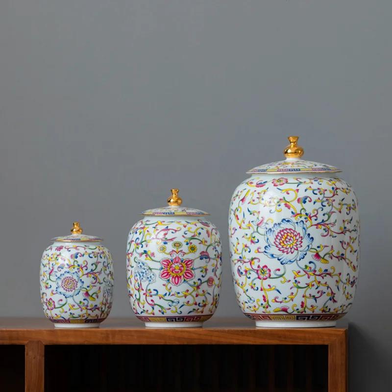 Enamelled Painted Pottery Pot Tea Caddy Ginger Jar Porcelain Canister Storage Tank Tea Organizer Desktop Storage Container