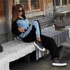 Women's European & American Style Denim Patchwork Hoodie & Sweatpants Set