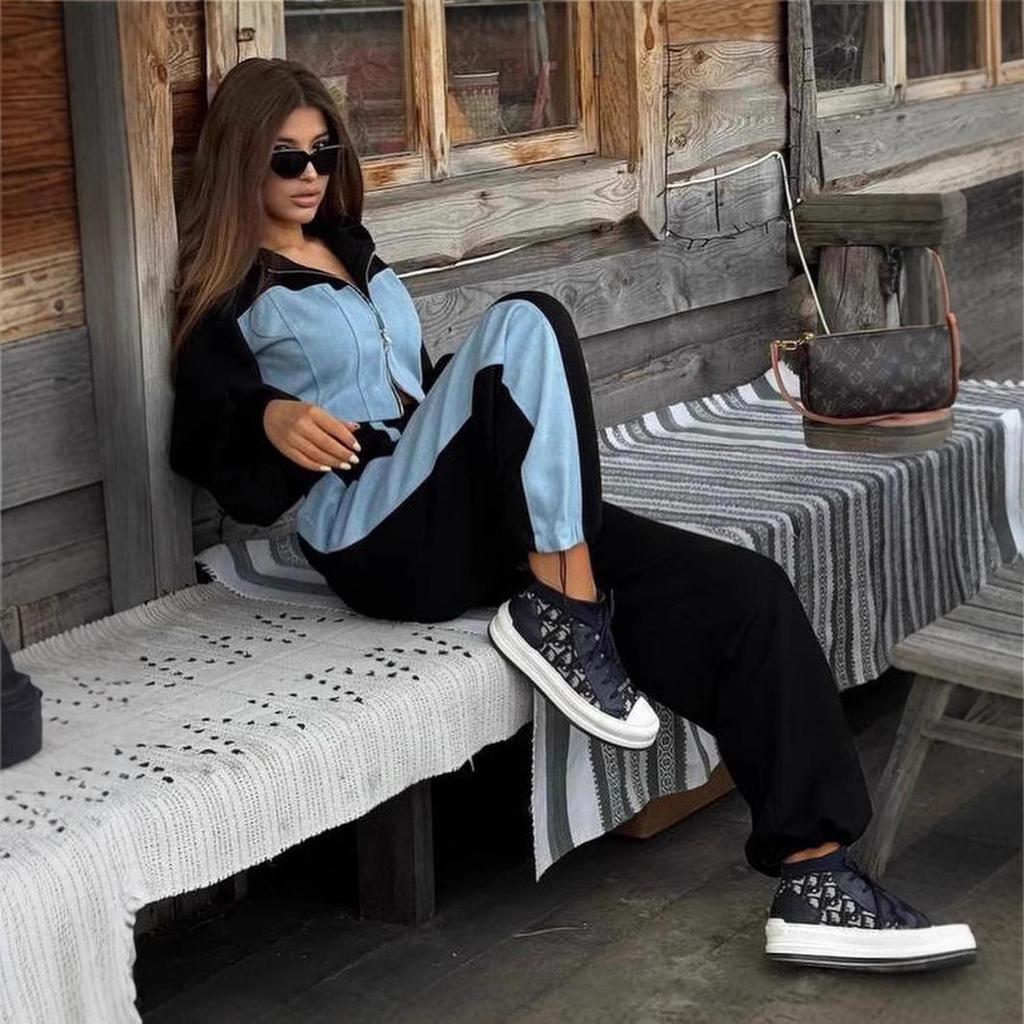 Women's European & American Style Denim Patchwork Hoodie & Sweatpants Set