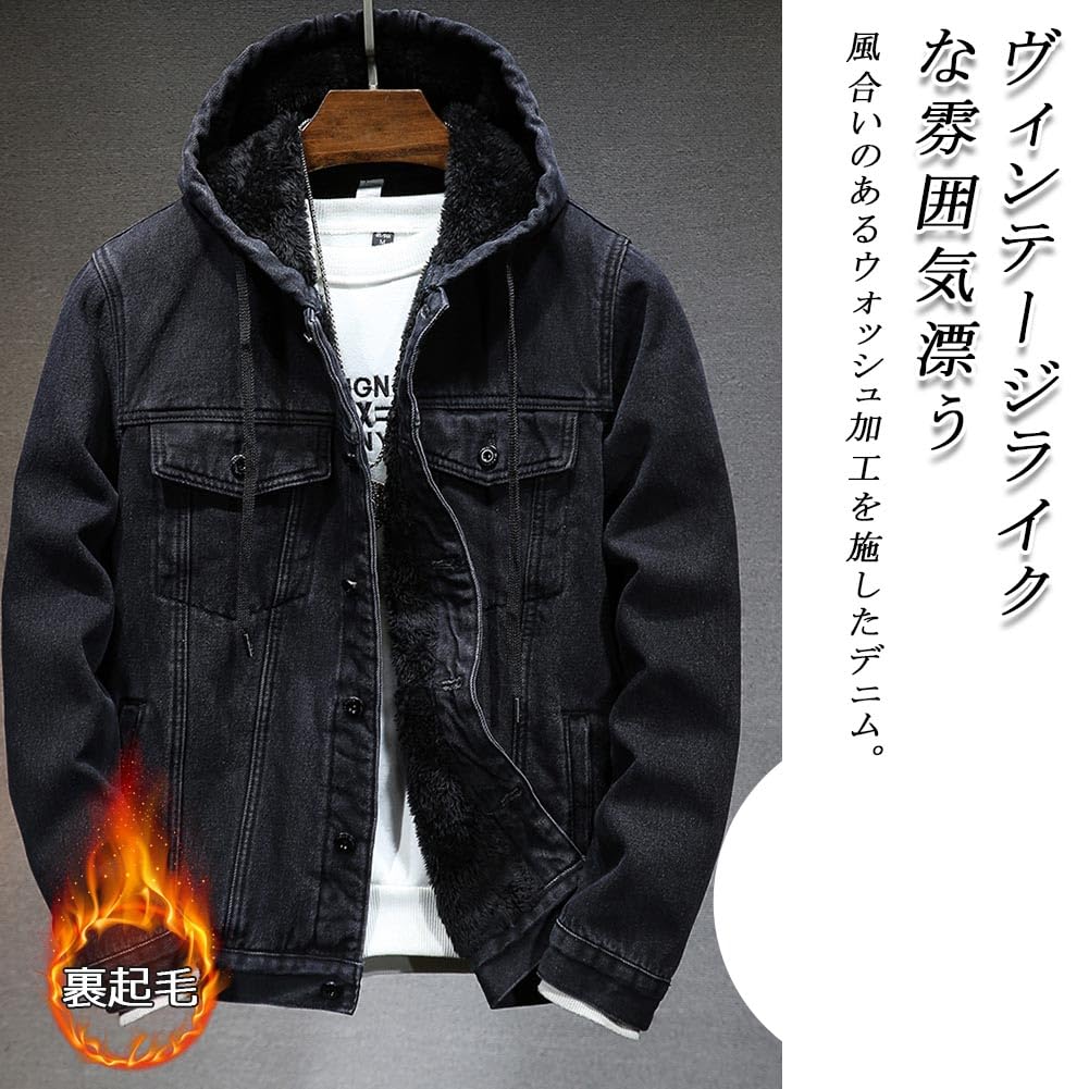 QJCLEAN Winter Denim Loose Plus Thick Denim Cold Weather Korean Street Dark Blue Men's Fleece-Lined Jacket, Hooded, Fit, Sizes, Black, Coat,