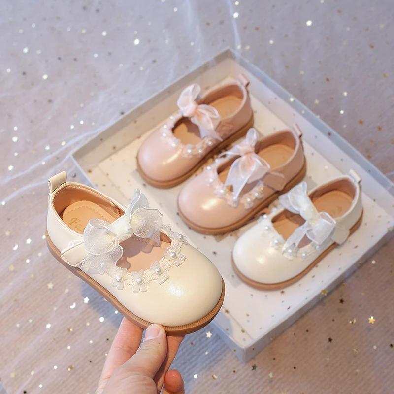 Baby Girls Flat Mary Janes for Wedding Party Princess Kids Leather Shoes Lace Bowtie with Beading 2025 Spring Children Flats New