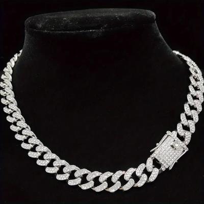 Hip Hop Cuban Chain Unisex 1Pc Birthday Present Rhinestone Necklace Exaggeration Jewelry Punk Fashion Alloy Women Men Delicate Jewelry