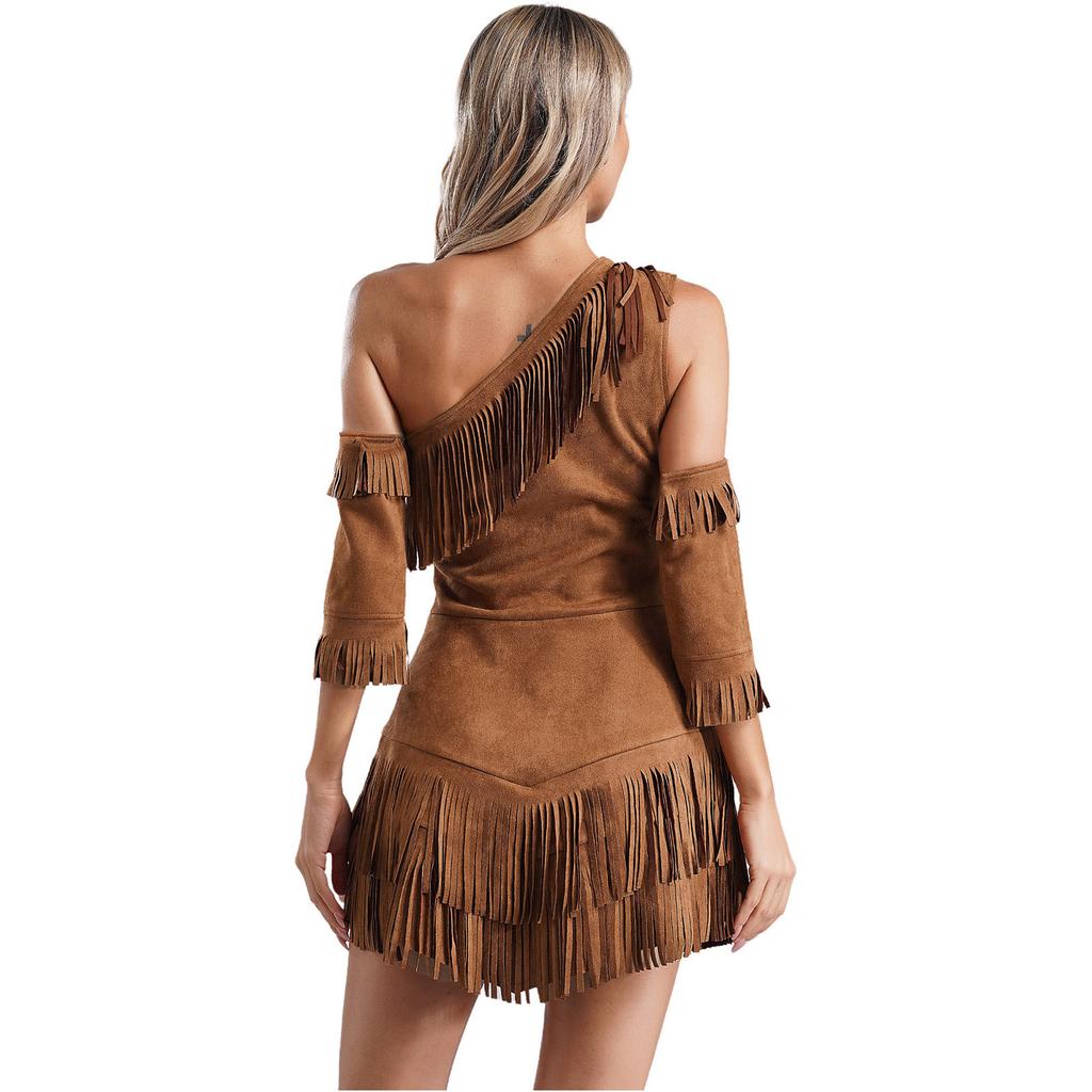 Kadınlar 3 Parça Cadılar Bayramı Yerli Kıyafetleri Seti Kızılderili Kız Yerli Prenses Giydirme Kostümü