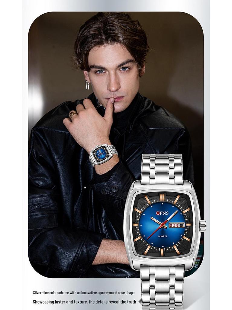 OFNS Men's Trendy Quartz Wristwatch: Steel Band, 3D Scale, Business Casual, Waterproof, Luminous.