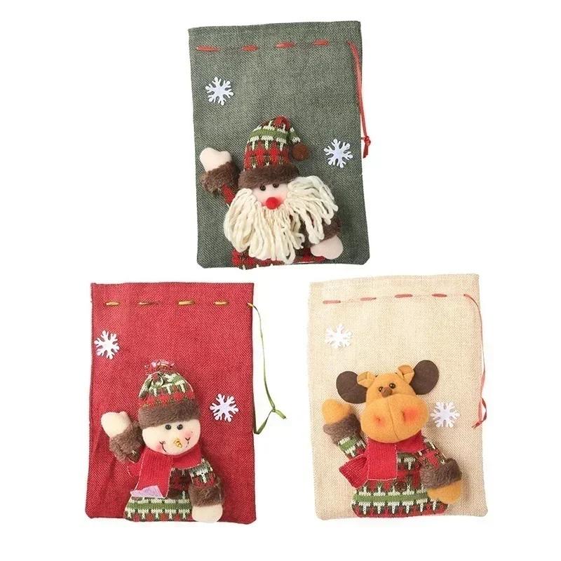 Novoroční vánoční dekorace pro domov Lněný stahovací dárkový sáček Velké vánoční sáčky na cukroví Sváteční kreslené jablečné punčochy