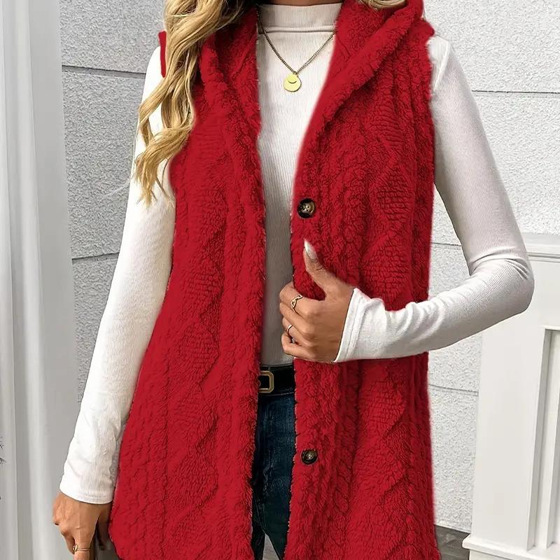 Női Kétoldalas Plüss Mellény Kapucnis Gombos Kardigán Ősz Tél Egyszínű