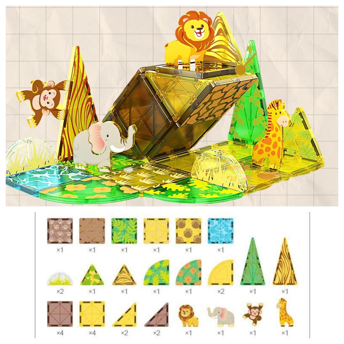 Dinosaur Magnetic Tiles STEM Educational Building Toys,Construction Magnetic Blocks with Cranes Engineer Learning Kit for child