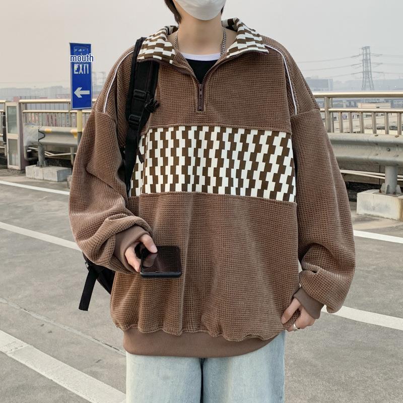 Retro Color Block Waffle Sweatshirt: Men's Half-Zip Polo Jacket for Spring and Autumn.