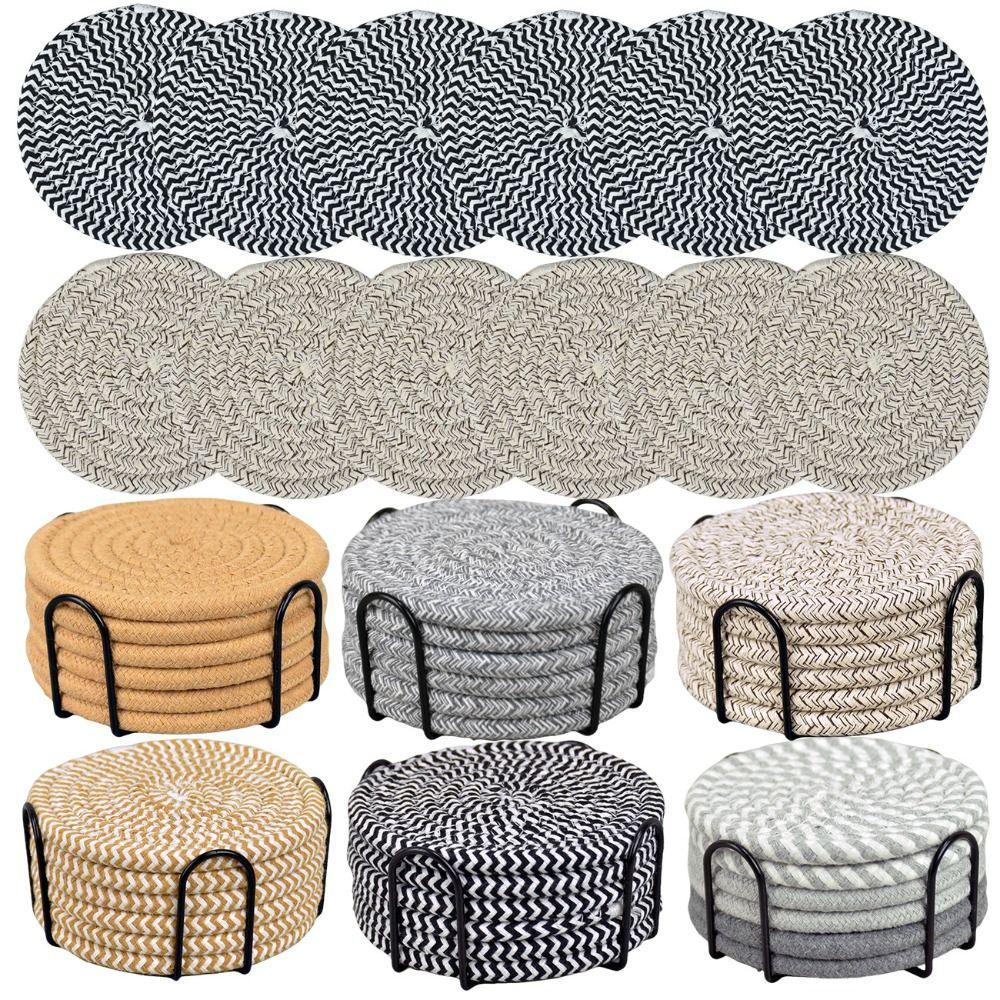 6Pcs Heat-resistant Woven Round  Coaster Set with Holder Tableware Mat Cup Coaster  Household