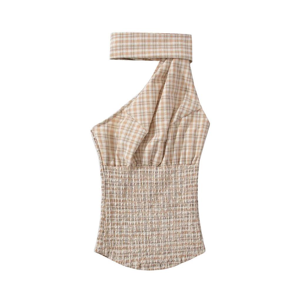 Spring 2025 Yellow Plaid Halter Top & Bodycon Mini Skirt Set for Women - European & American Fashion Style