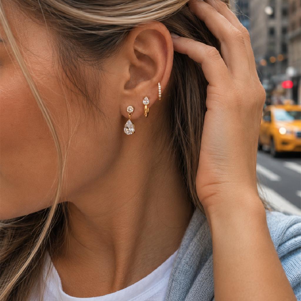 Salircon 3 Styles Luxury Stainless Steel 18k Gold Plated Earrings for Women Exquisite Shiny Zircon Stud Piercing Earring Jewelry