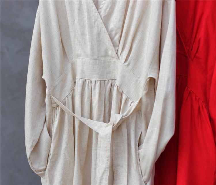 Women's Washed Bamboo Linen Chinese-Style Dress with Waist Seal, Available In 3 Colors