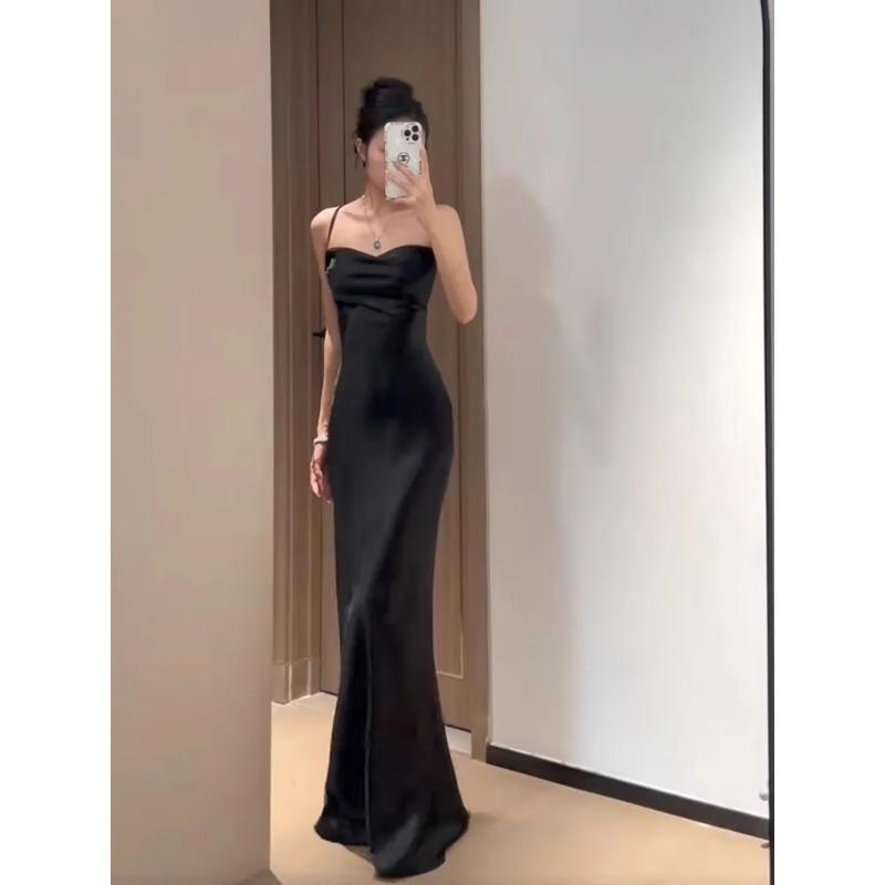 Rochie Maxi Neagră din Satin Fără Bretele Bodycon cu Trena Sirena Rochie de Seară pentru Petrecere