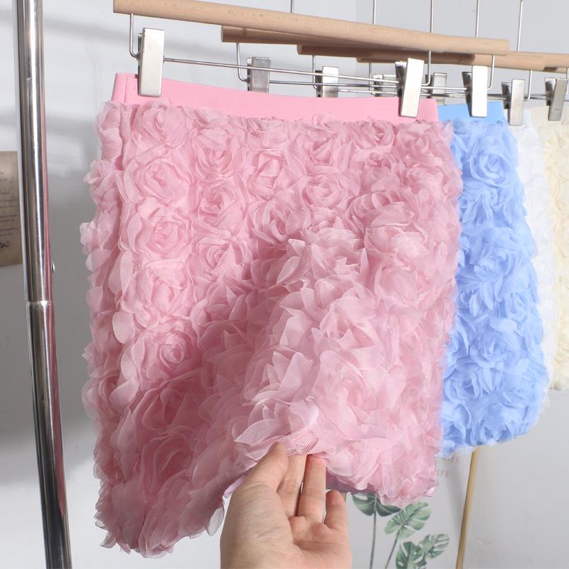 3D Rose Midi Tulle Skirt - Fluffy, Elastic High Waist, Slimming, Versatile A-line for Women