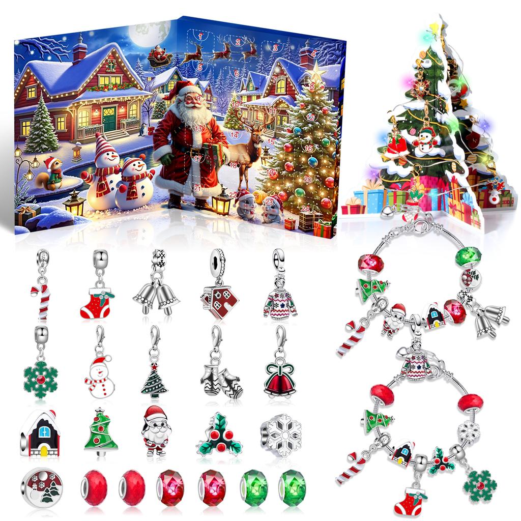 Christmas Advent Calendar Jewelry Gift Box String DIY Snowflake Santa Claus Bracelet 24 Day Countdown Calendar Box for Girls