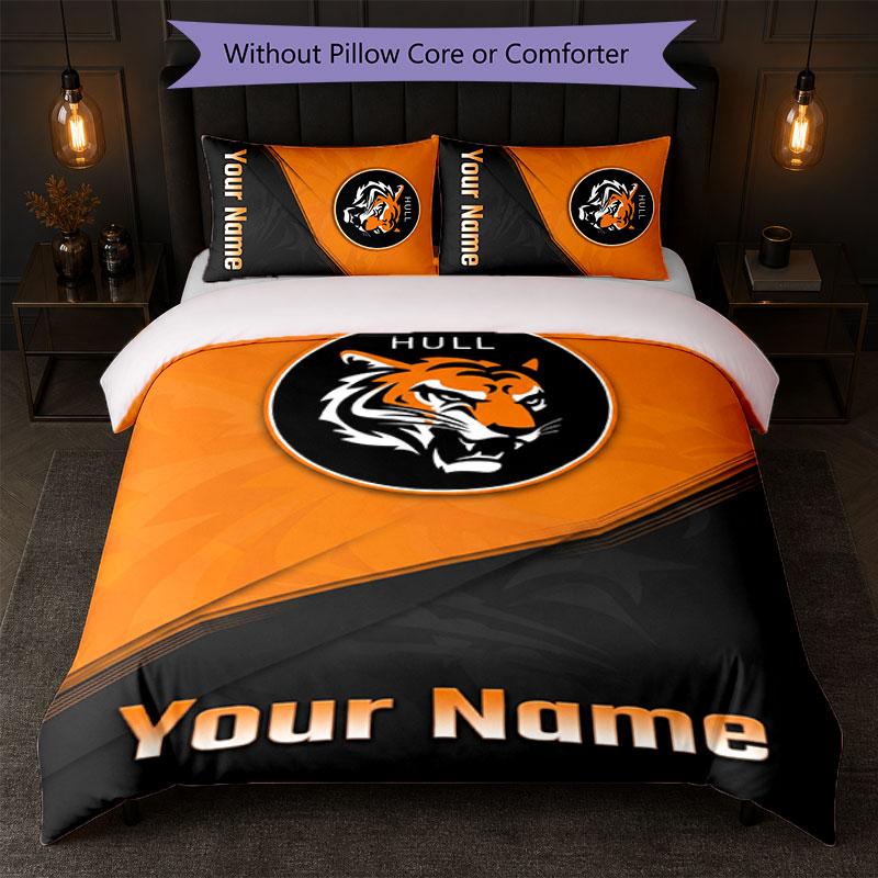 Hull City Individueller Name Text Bettwäsche Set 1 Bettbezug + 2 Kissenbezüge Fußball Logo Personalisierte Geschenk für Besonderen Anlass Schlafzimmer Dekor