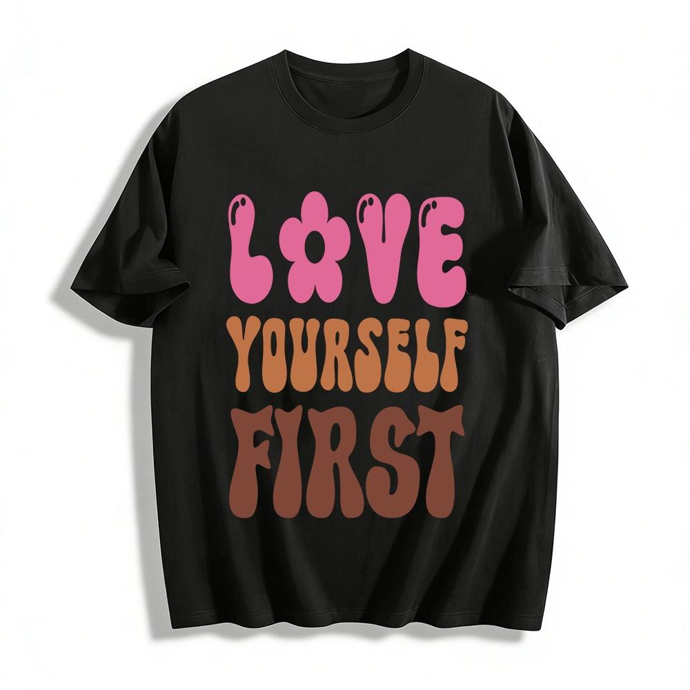 Retro Style LOVE YOURSELF FIRST Flower Print Casual Crewneck T-Shirt Pure cotton T-shirt XXS