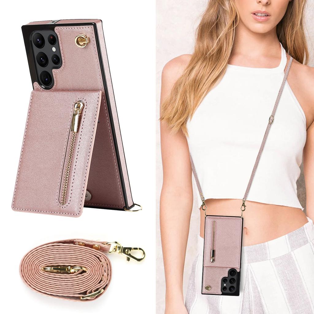 Portemonnee met Rits Crossbody Lanyard Hoesje Voor Samsung Galaxy S24 S25 Ultra S22 S21 Note20 S20 S23 Plus 5G Standaard Kaartsleuf Hoes
