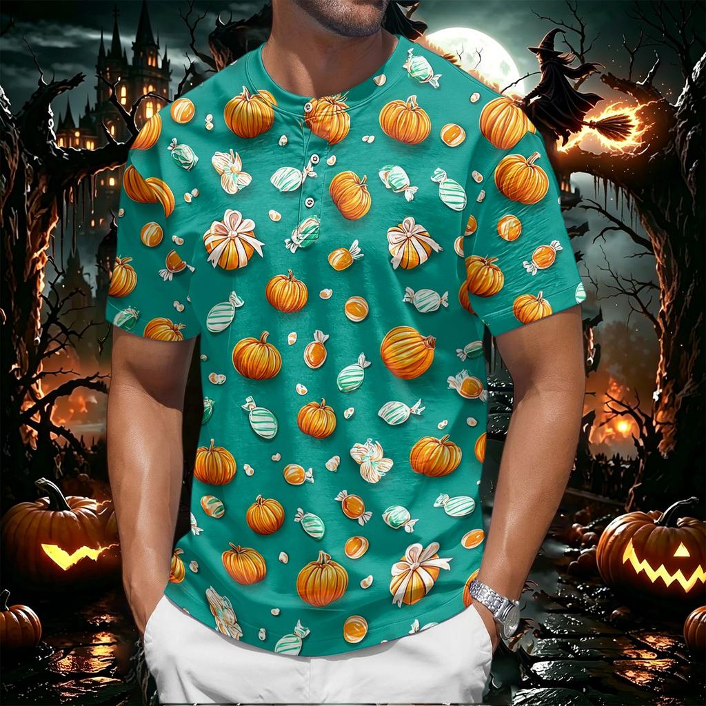Men's Halloween Print Crew Neck Short Sleeve Top with Pumpkin and Web Pattern Casual Fit T Shirt for Daily Wear