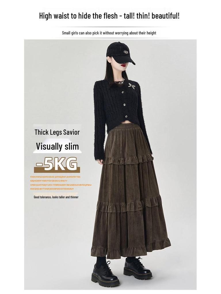 Women's 2026 A-Line Layered Velvet Umbrella Skirt with Elastic Waist - Mid-Length, In Stock