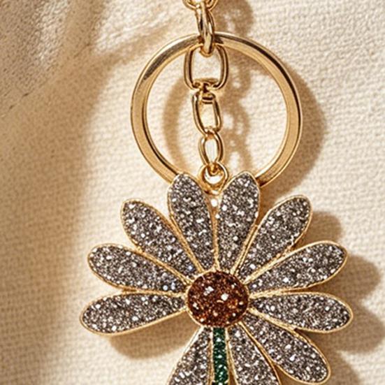Keychain Pendant Sparkling Rhinestones Inlaid Chrysanthemum Design Key Chain with Lobster Clasp Lightweight Backpack Accessory
