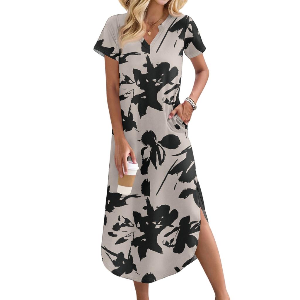 Women's Casual Comfortable V Neck Loose Hem Split Vacation Short Sleeve Floral Long Dresses