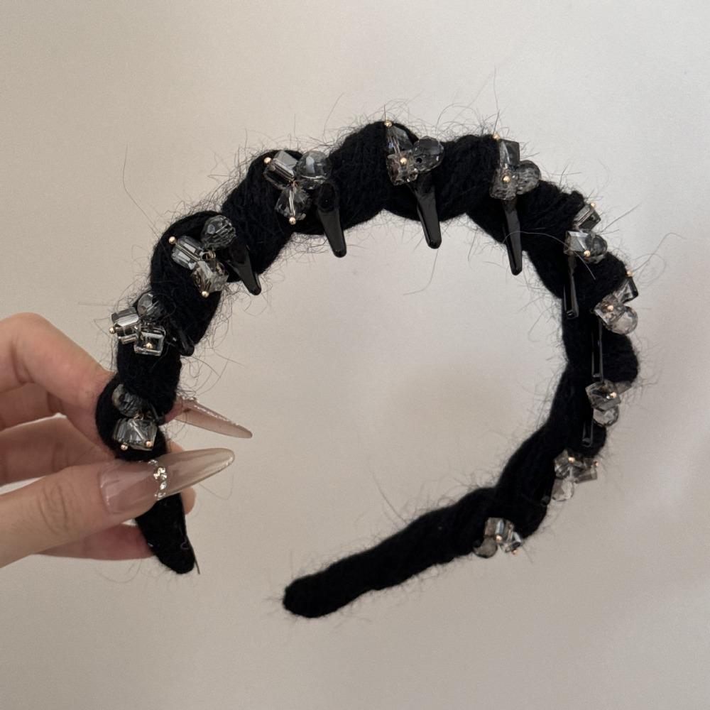 with Toothed Comb Plush Wave Headband Rhinestone Autumn Winter Hairband  Women чёрный