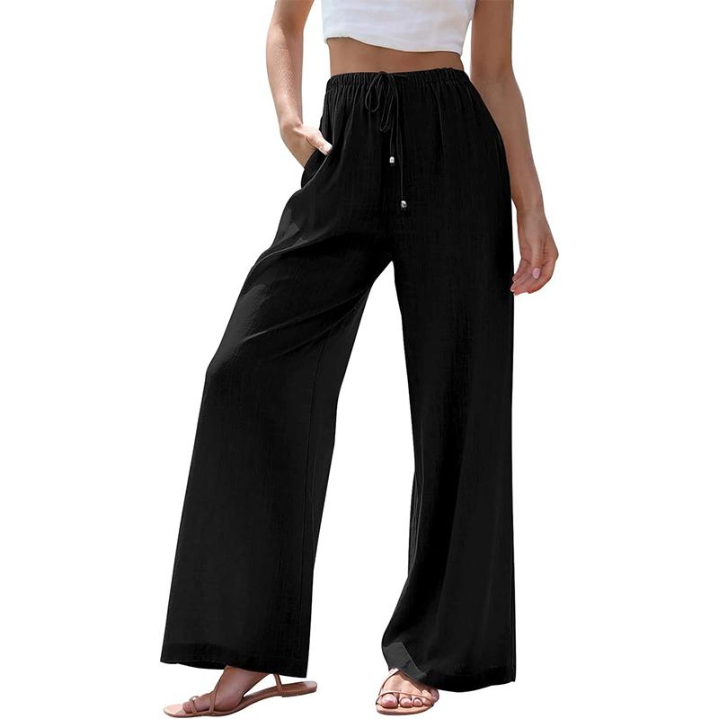 

2024 Европа и США женские новые льняные летние брюки с завязками на талии, свободные широкие пляжные брюки с карманами XL