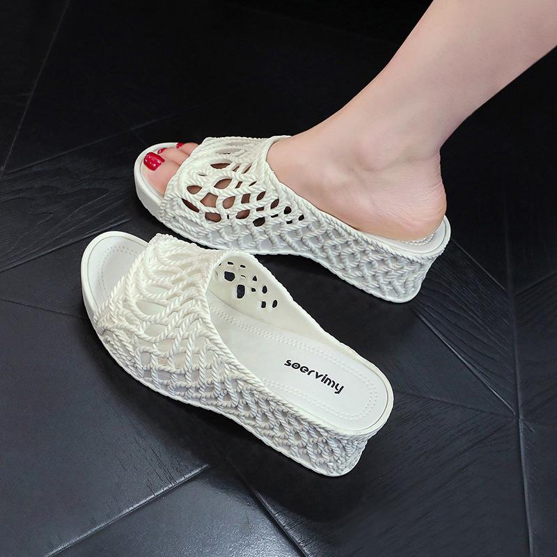 Women's 2025 Fashion High Heel Non-Slip Slippers - Summer Hollow Out, Comfortable, Thick Sole, One-Strap Design for Outdoor Use