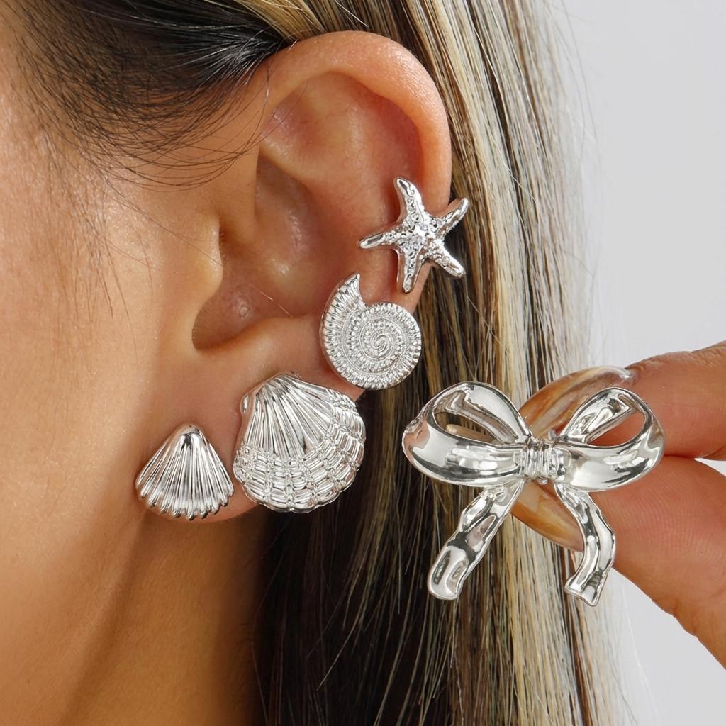 Gold Color Starfish Shell Combination Stud Earrings Set for Women Metal Scallops Conch Bow Knot Earring Boho Party Jewelry