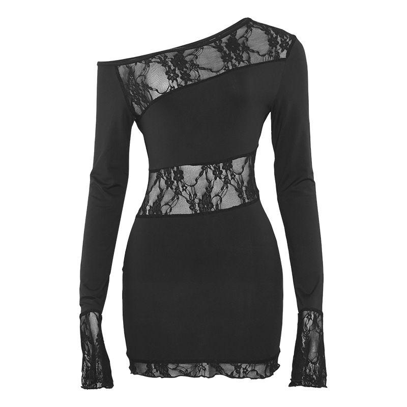 

Fashion 2025 New Arrival Pure Color Slant Shoulder Long Sleeves Sexy Lace Short Stitching Dress Sexy Silm Black Dress Black D007DS L