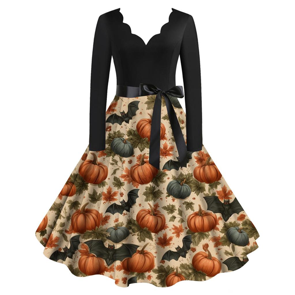 Halloween Print Flare Dress For Damer Langermet Kjole Fritidskjoler