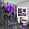 4PCS Flowers Rose Print 3D Shower Curtain Waterproof Polyester Bathroom Curtain Anti-slip Bath Mat Toilet Rugs Carpet Bath Sst Decor