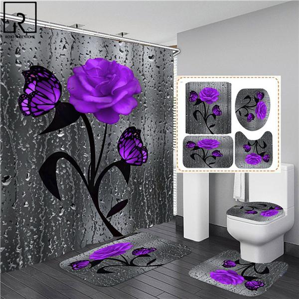 4PCS Flowers Rose Print 3D Shower Curtain Waterproof Polyester Bathroom Curtain Anti-slip Bath Mat Toilet Rugs Carpet Bath Sst Decor