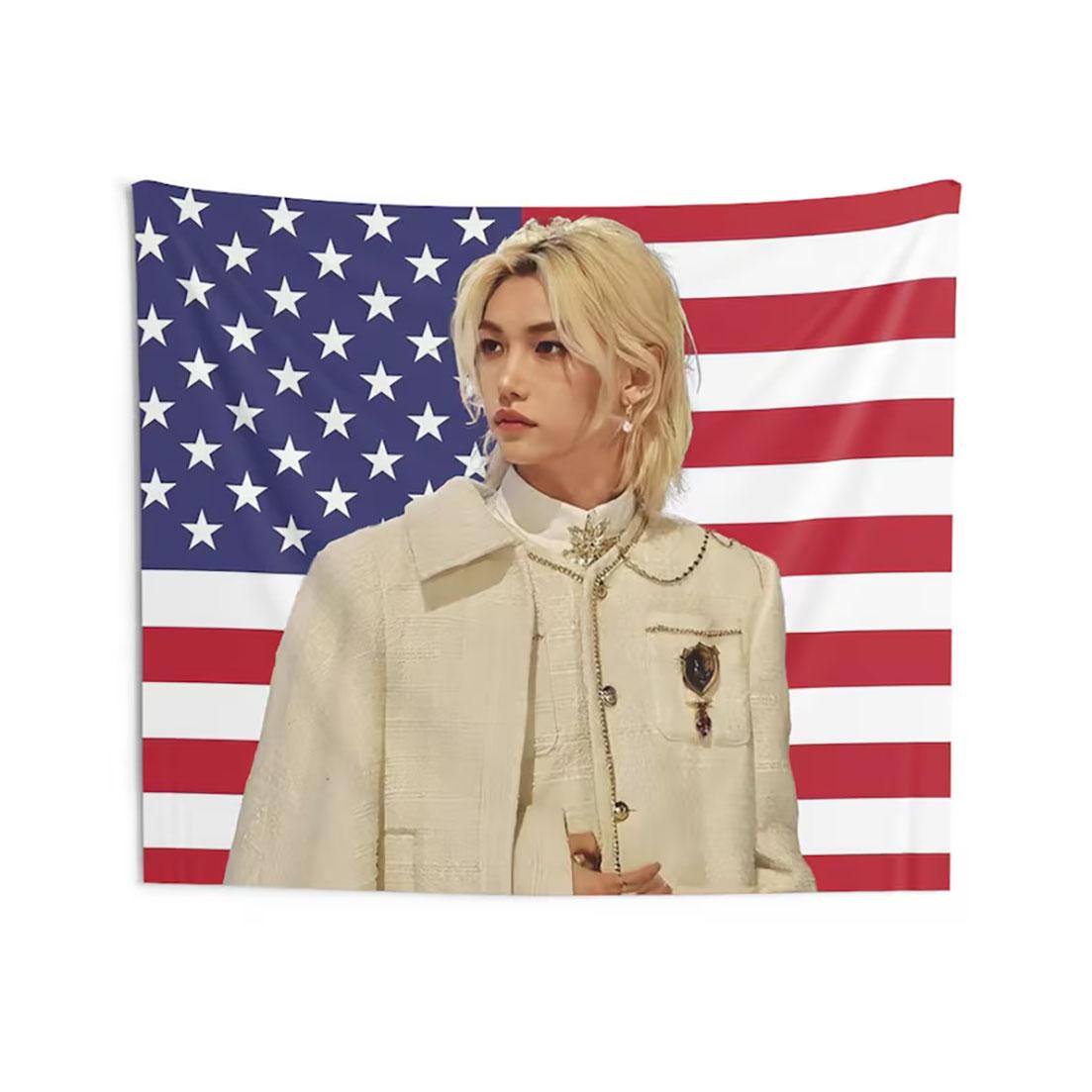 SKZ Felix American Flag Tapestry SKZ Kpop Fan Gift Bedroom Wall Decor Flat Print 74x94cm(29x37in)