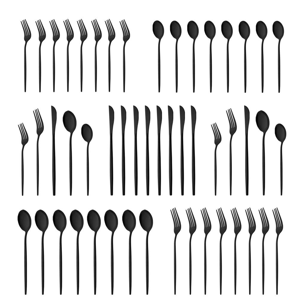 10People Black Silver Flatware Cutlery Set Knife Dessert Fork Spoon Dinnerware Stainless Steel Tableware Set Party Kitchen Tool