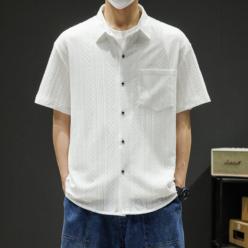 Buttons Pleated Shirt Harajuku Button Up Short Sleeve Male Shirts Men Blouse Tops