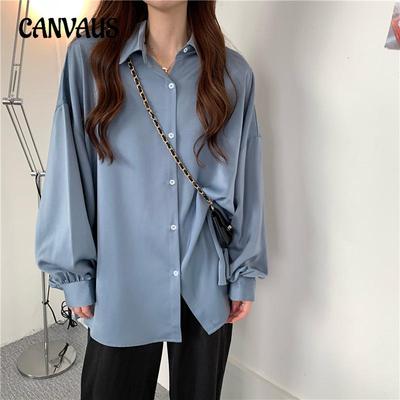 Frühlings- und Herbst-Damen Übergröße Locker Mittellang Dunstblau Lässiger Lazy-Wind Langarmhemd