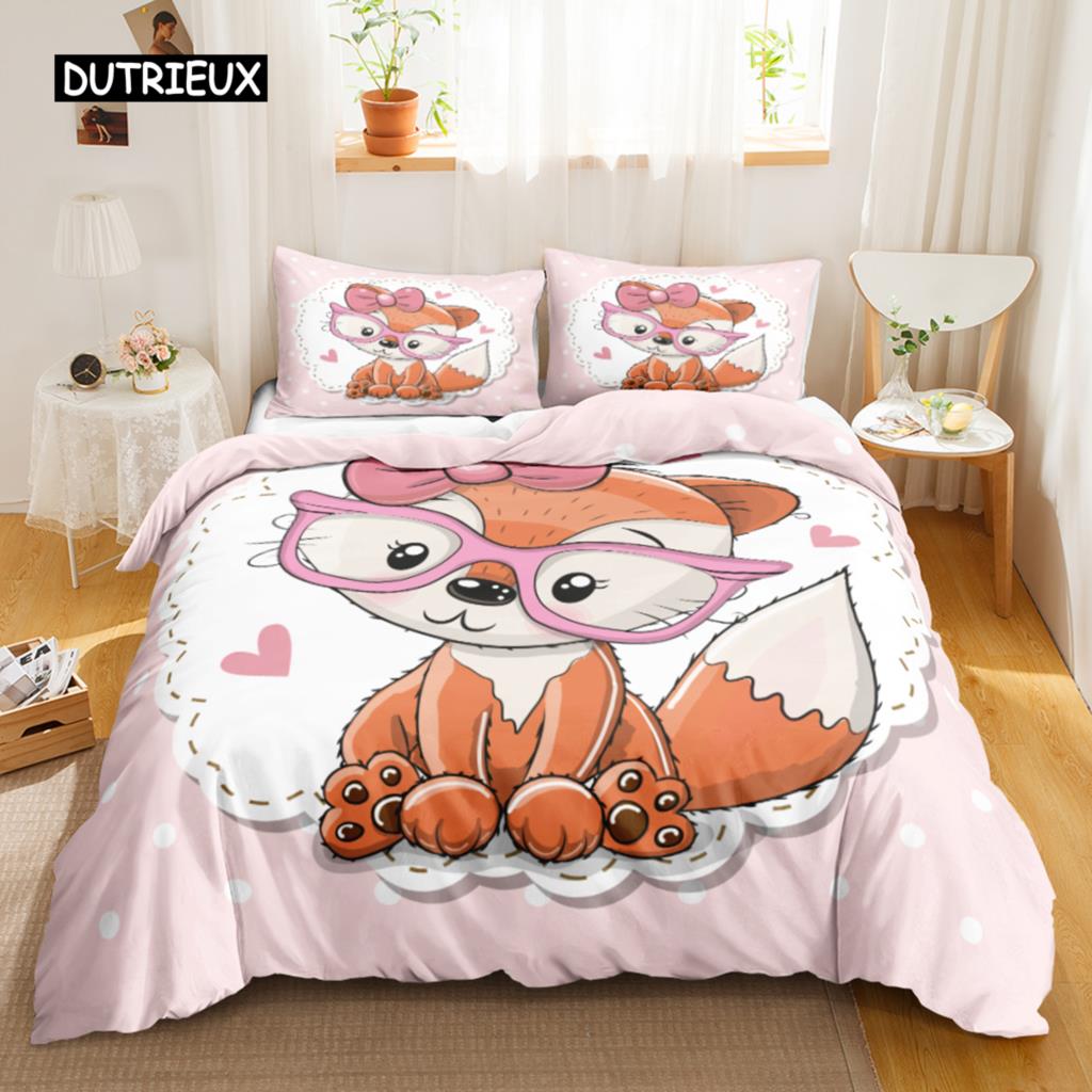 Fox Duvet Cover Set Kids Cartoon Fox Comforter Cover Cute Orange Wildlife Duvet Cover for Boys Animal Twin Polyester Bedding Set