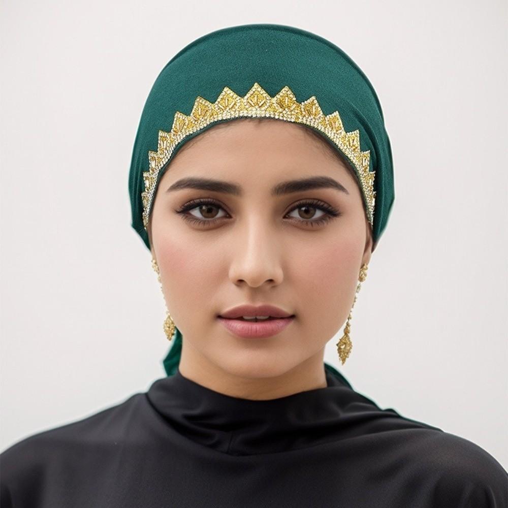 Shiny Golden Rhinestone Prayer Cap Elasticity Tie Back Undercap Turban  Religious Headwear