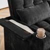 A 142 cm wide 3-in-1 sofa bed with reclining function, seat and back cushions soft as clouds, two lumbar cushions, a shelf and a cup holder