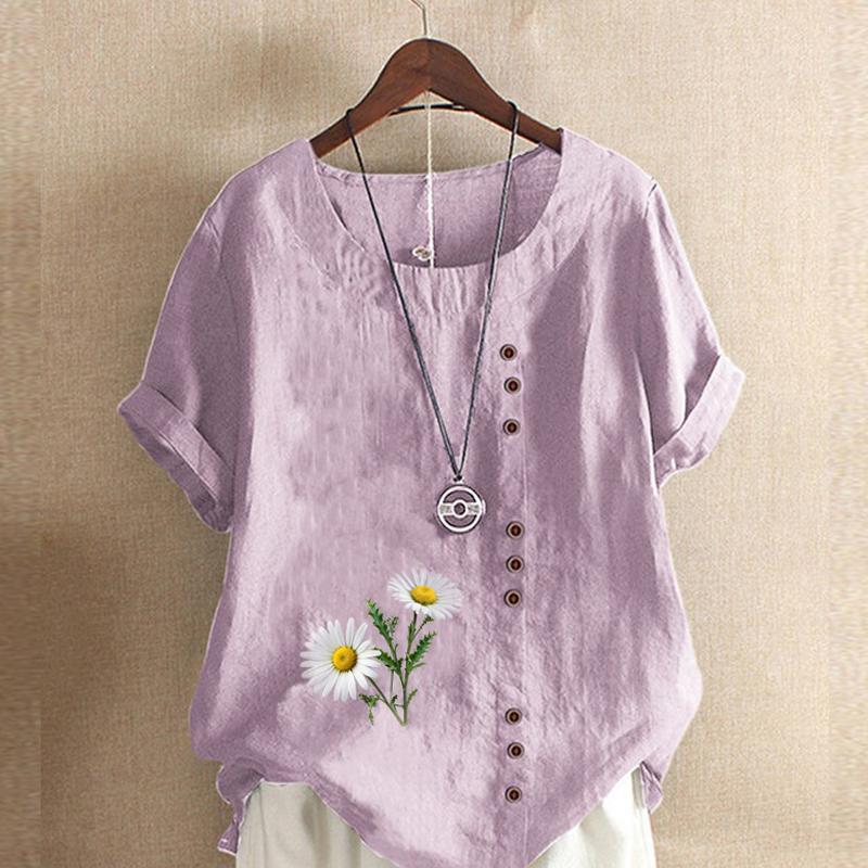 Women's Fashion Round Neck Short Sleeve T-shirt Casual Cotton Linen Graphic Shirt Chrysanthemum Prined Summer Blouse Tops Plus Size