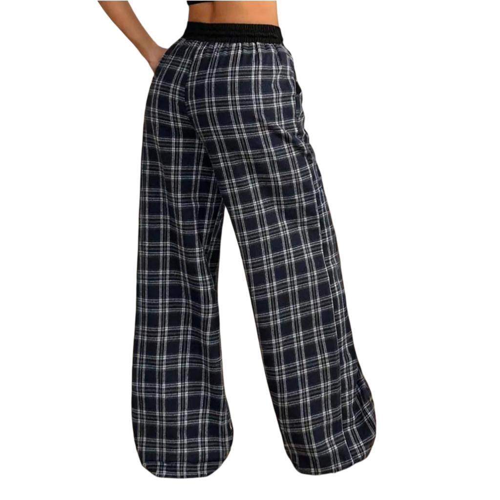 Women's Casual Plaid Wide Leg Lounge Pants with Elastic Drawstring Waist, Comfortable Loose Fit Trousers for Daily Wear