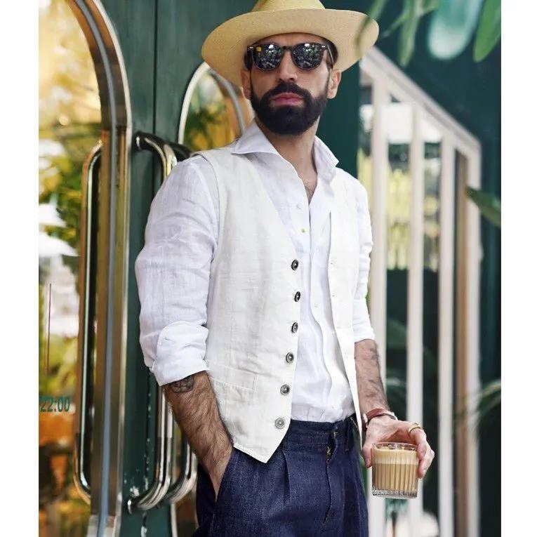 

Мужской тонкий повседневный однобортный хлопковый жилет, однотонный, простой, удобный топ S белый