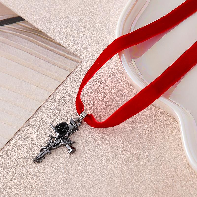 European & American Gothic Velvet Cross Rose Pendant Necklace