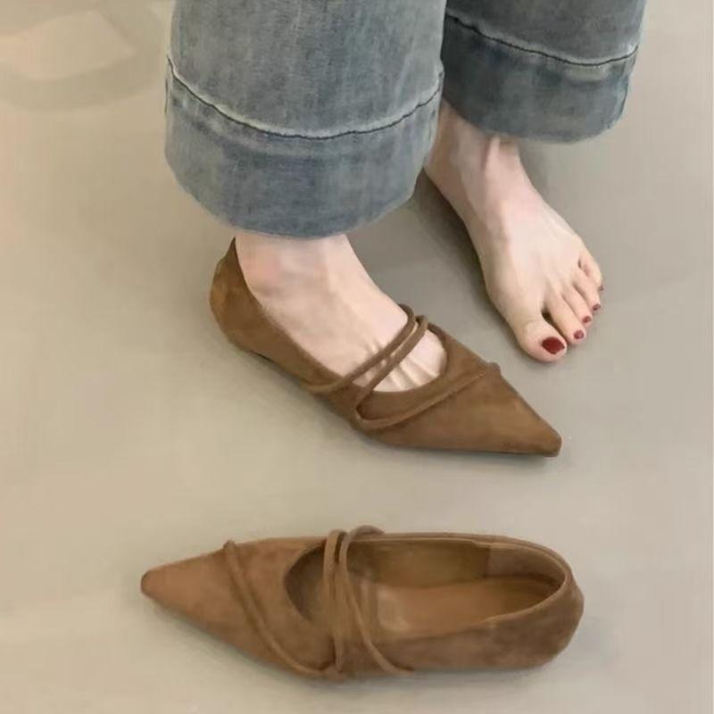 Single Shoes Women's 2025 New Spring and Autumn Pointed Thin Strap Shallow Mouth Fashionable Versatile Inner Height Increase Flat Shoes