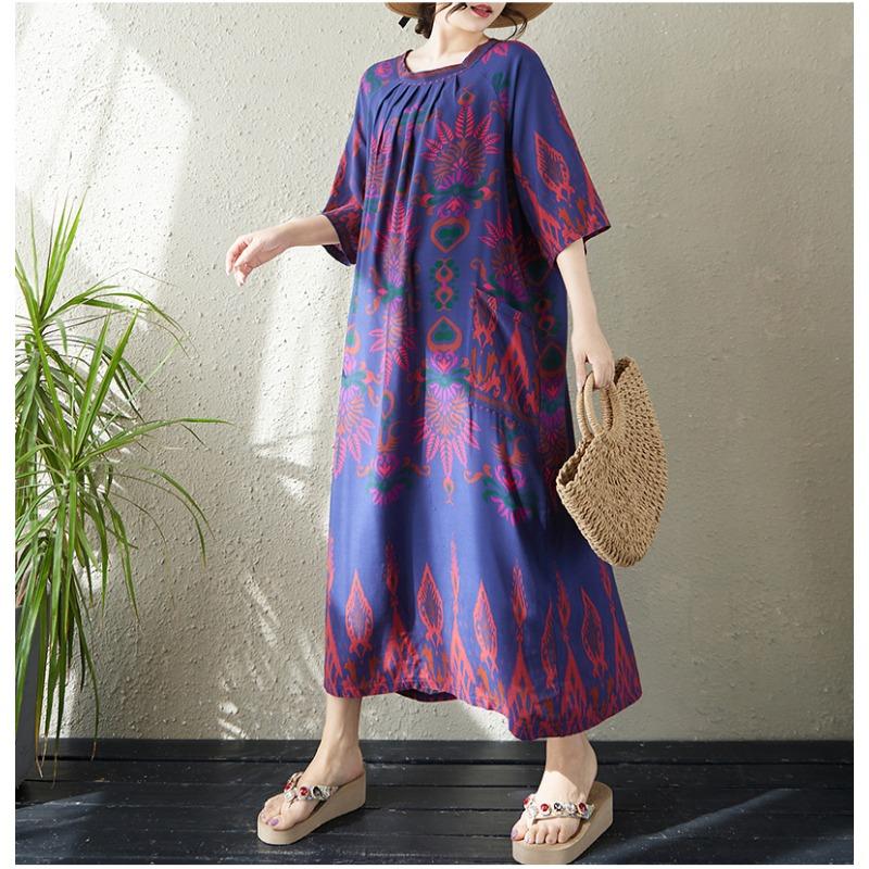 DIMANAF New 2026 Women Plus Size Summer Lady Vintage Long Dress Loose Oversize Maxi Print Beach Sundress Clothing