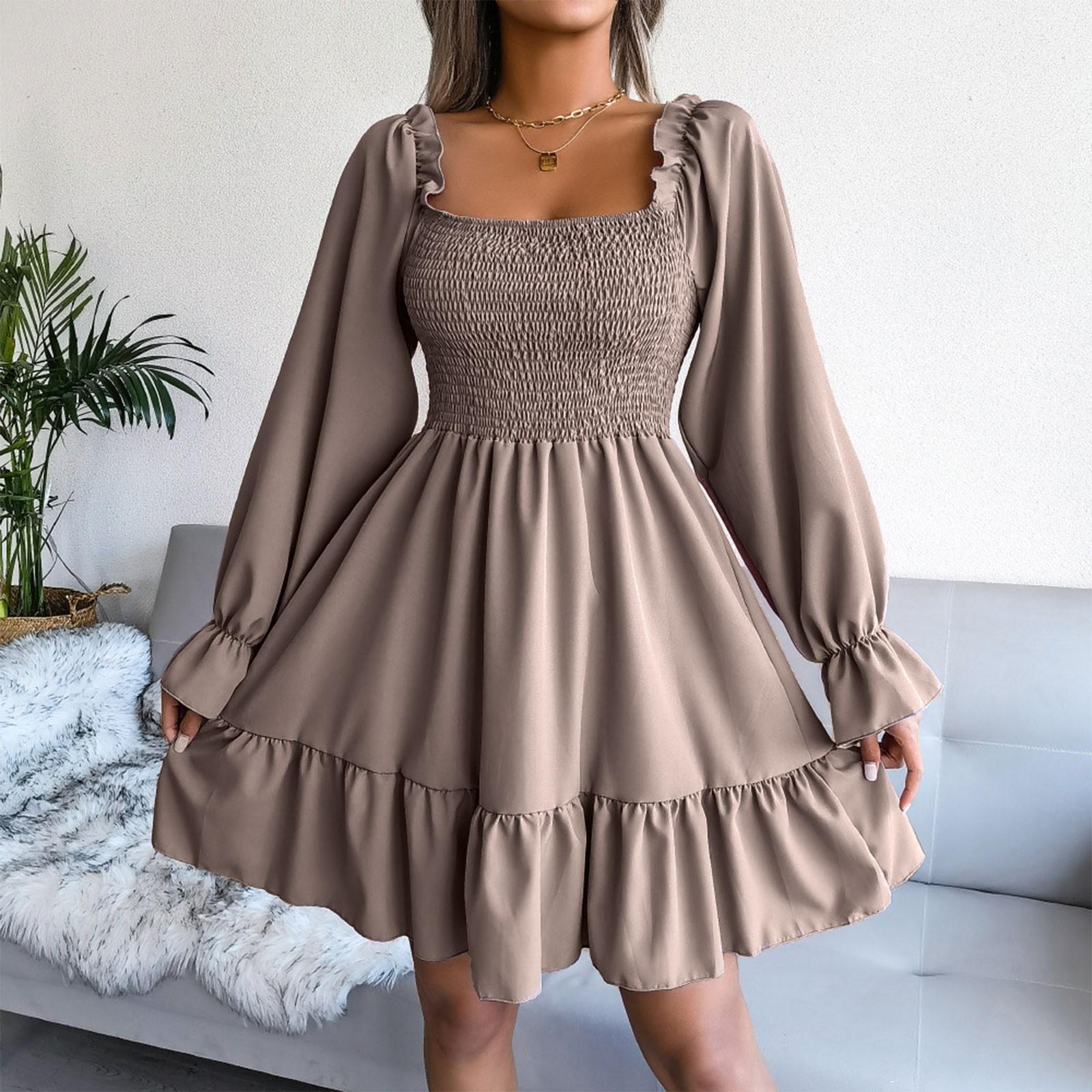 

Женское весенне-летнее платье с квадратным вырезом, расклешенным длинным рукавом и рюшами L хаки