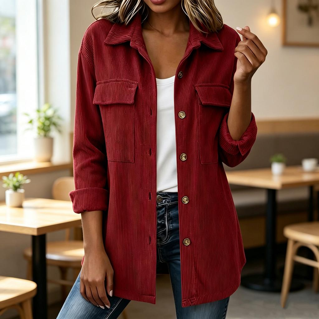 Women's loose corduroy button-down long-sleeved blouse with double pockets
