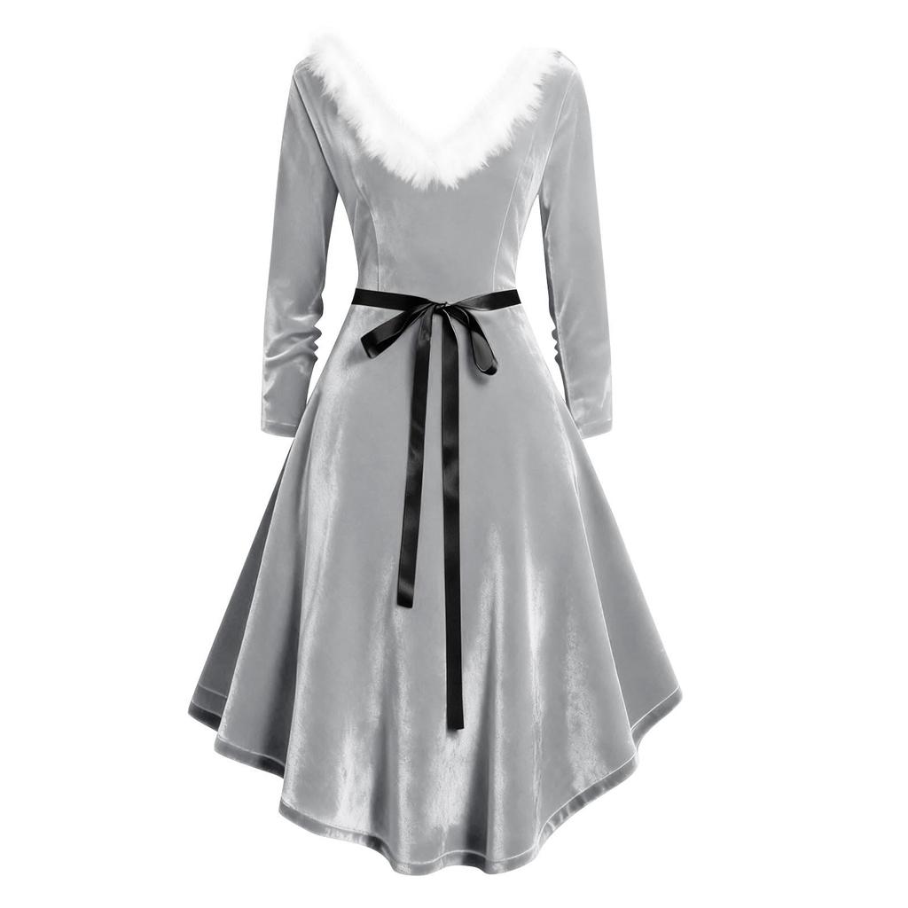 Damen Samtkleid Langarm Abendkleid mit asymmetrischem Saum einfarbiges Kleid